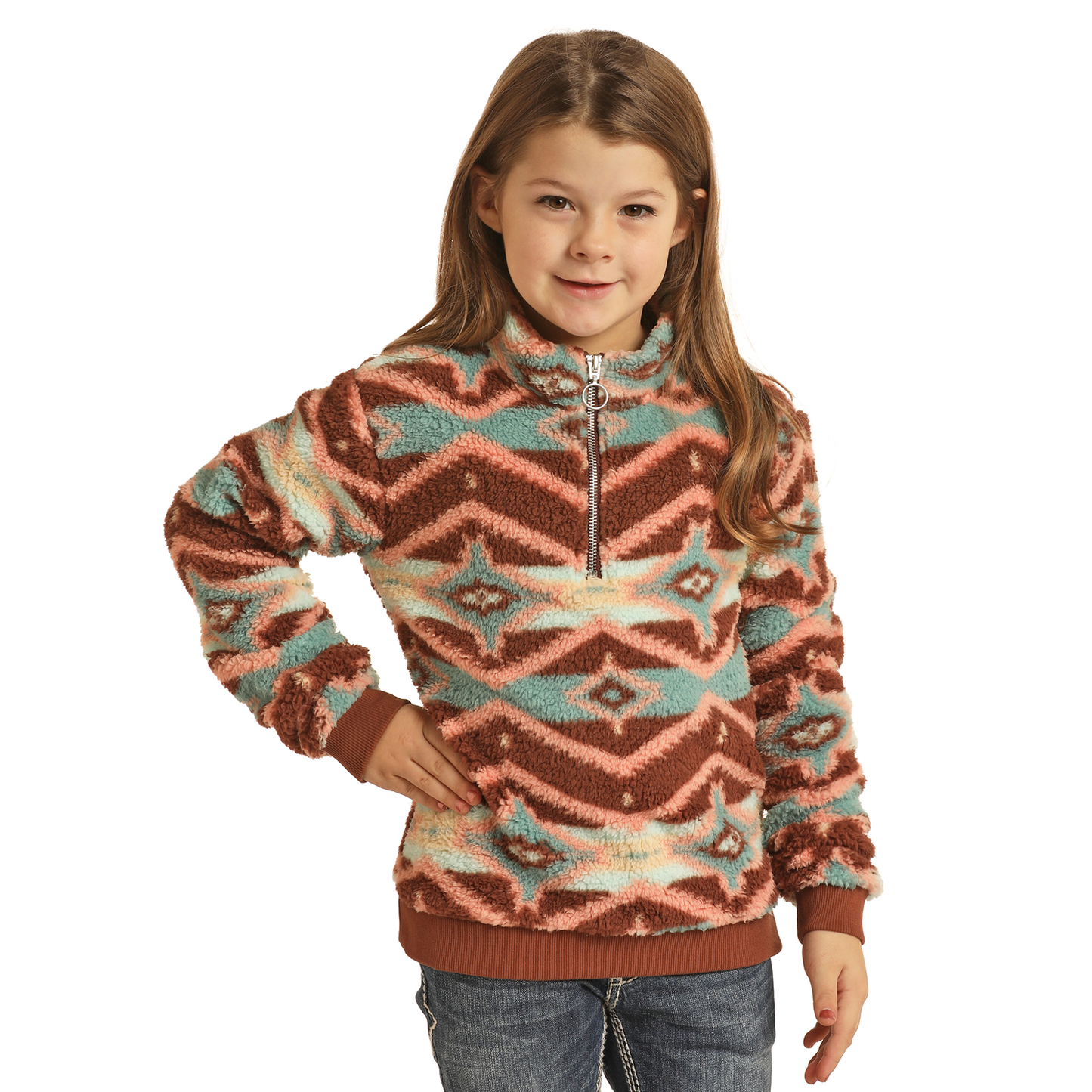 Rock & Roll Cowgirl Kid's Pink Aztec Sherpa Pullover RRGT91R04K-20