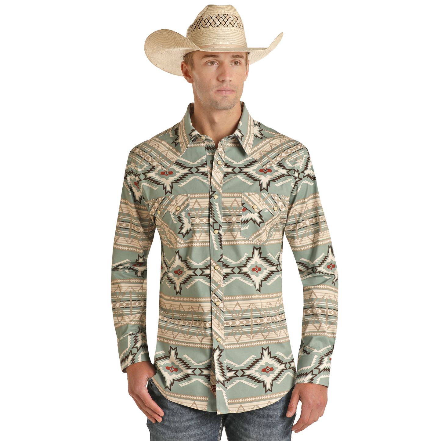 Rock & Roll Cowboy® Men's Aztec Print Aqua Button Up Shirt RRMSOSR0Q4