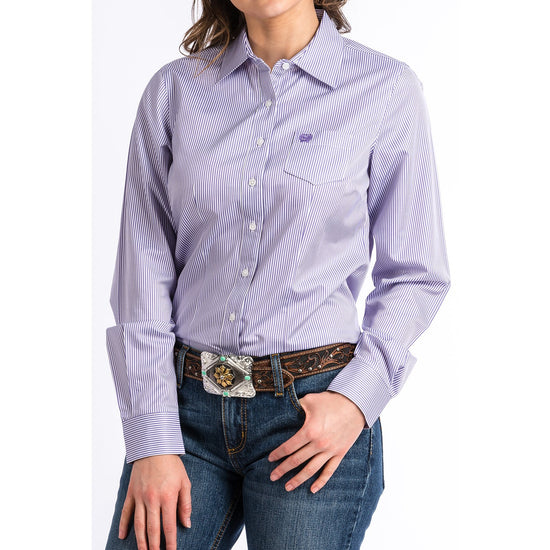 Cinch Ladies Stripe Button-Up Purple and White Shirt MSW9164087