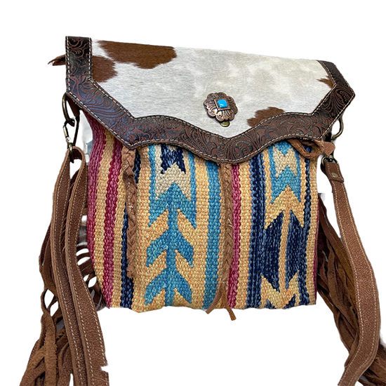 Olay Rug Woven Aztec Print Cowhide & Fringe Light Blue Crossbody Bag LB119
