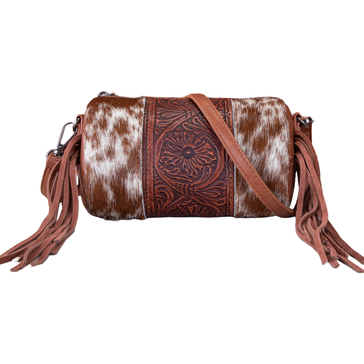 Trinity Ranch Ladies Genuine Cowhide Fringed Brown Barrel Crossbody Ba