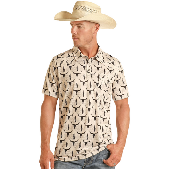 Rock & Roll Denim Men's Longnhorn Western Natural Polo Shirt BM53T03976
