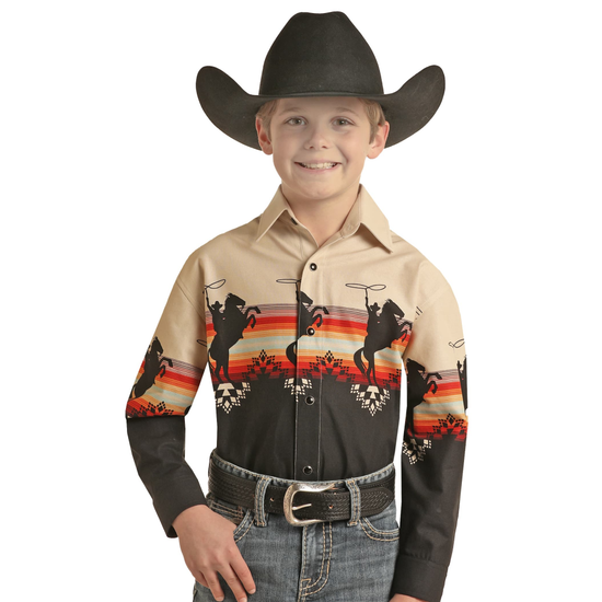 Panhandle Youth Boys Bucking Bronco Western Black Snap Shirt SBN2S02644