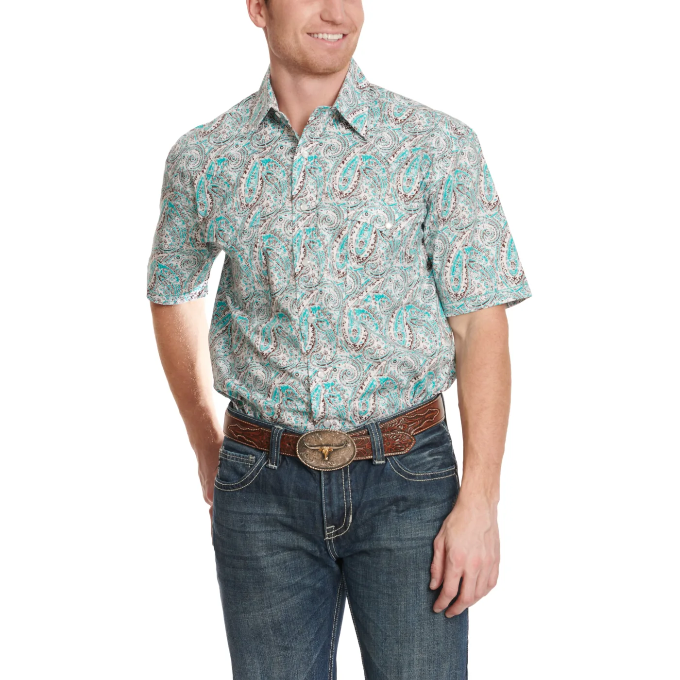 Panhandle Men's Distressed Paisley Turquoise Snap Shirt RMN3S03819