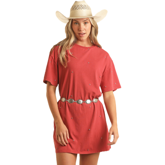 Rock & Roll Denim Ladies Rhinestone Studded Red T-Shirt Dress BWD1R03875-65