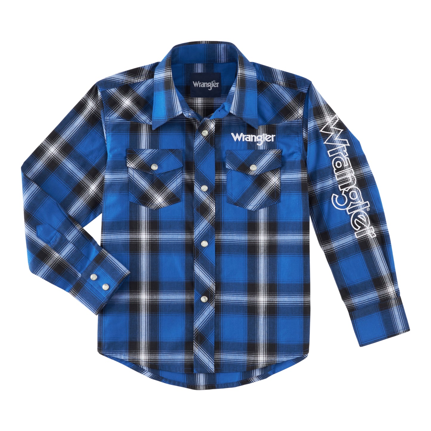 Wrangler® Youth Boy's Western Logo Blue Plaid Snap Up Shirt 112318517