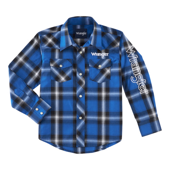 Wrangler® Youth Boy's Western Logo Blue Plaid Snap Up Shirt 112318517