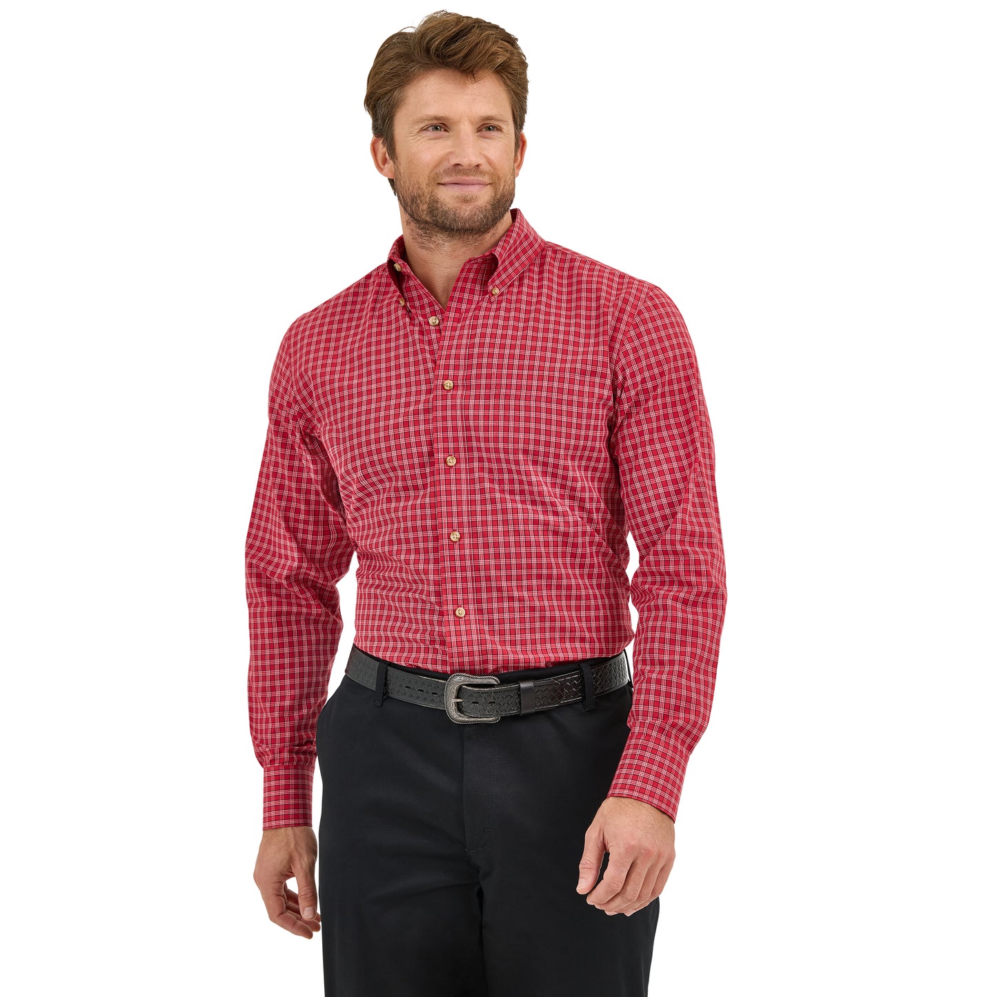 Wrangler Men's Riata Plaid Burgundy Button Down Dress Shirt 112359497-BURG Wrangler Men's Riata Plaid Burgundy Button Down Dress Shirt 112359497-BURG