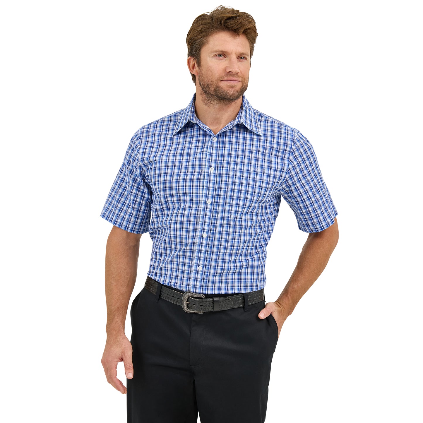 Wrangler Men's Riata® Blue Plaid Short Sleeve Button Down Shirt 112359498-BLU