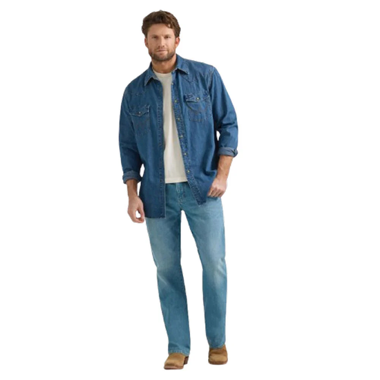 Wrangler Men's Mid Wash Denim Snap Button Down Shirt 112361701