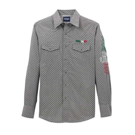 Wrangler Men's Western Mexico Logo Grey Snap Shirt 112367728 Wrangler Men's Western Mexico Logo Grey Snap Shirt 112367728