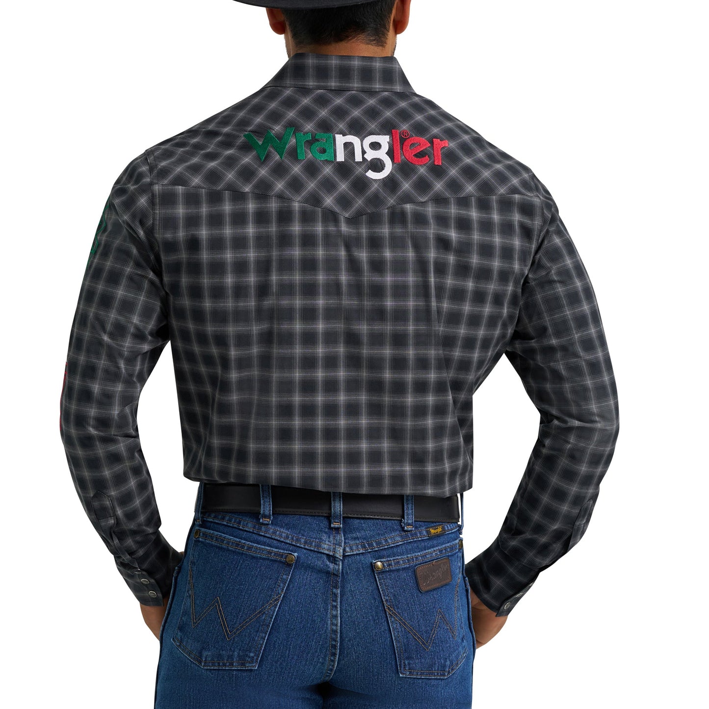 Wrangler Men's Mexico Logo Black Plaid Snap Shirt 112369436