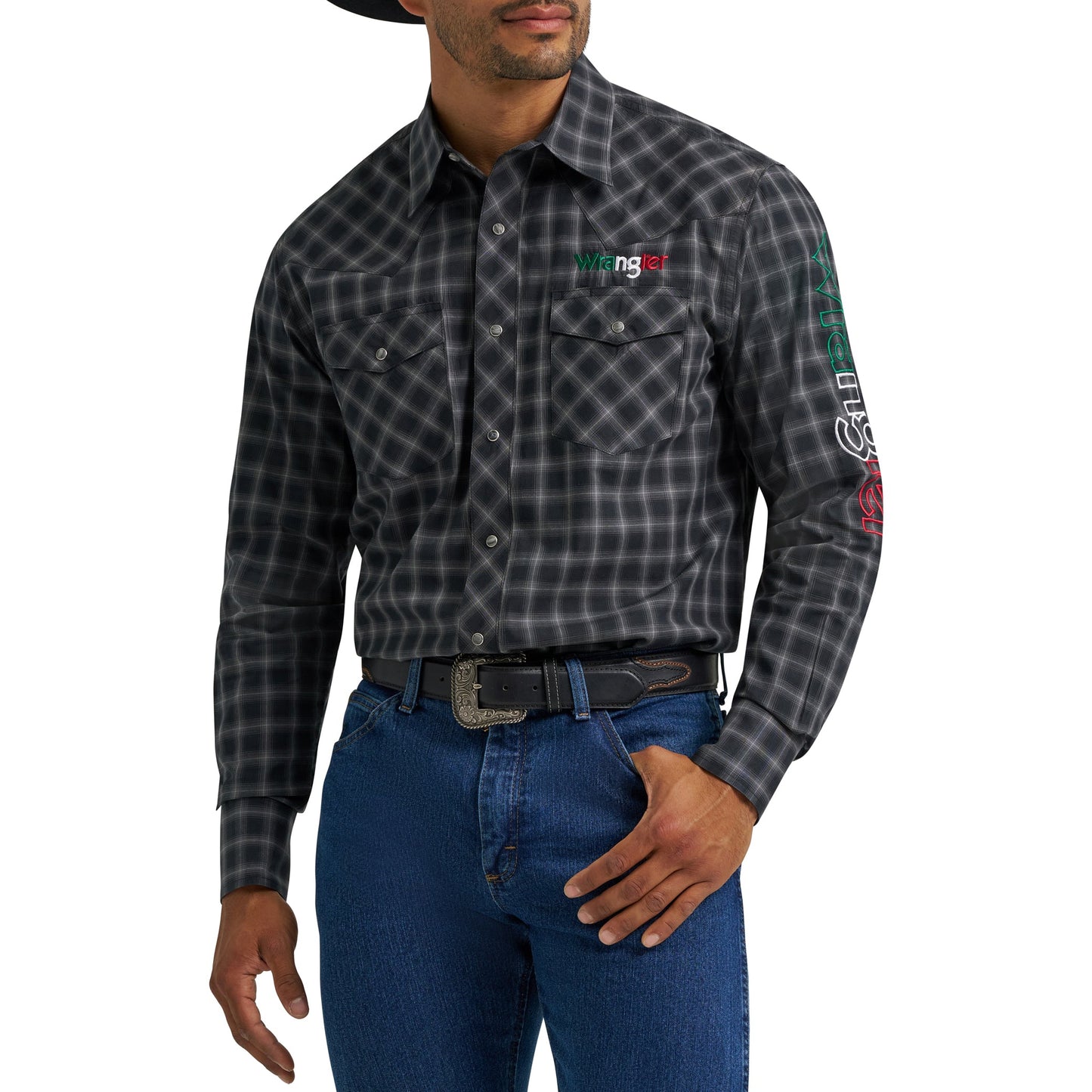 Wrangler Men's Mexico Logo Black Plaid Snap Shirt 112369436