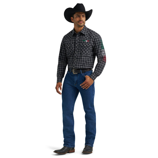 Wrangler Men's Mexico Logo Black Plaid Snap Shirt 112369436