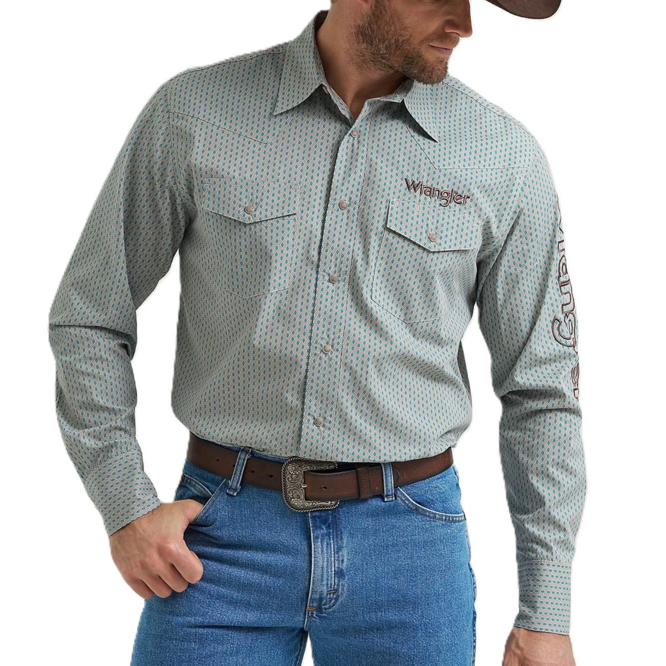 Wrangler Men's Logo Blue & Grey Print Snap Shirt 112369449