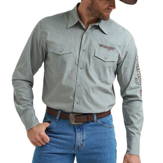 Wrangler Men's Logo Blue & Grey Print Snap Shirt 112369449