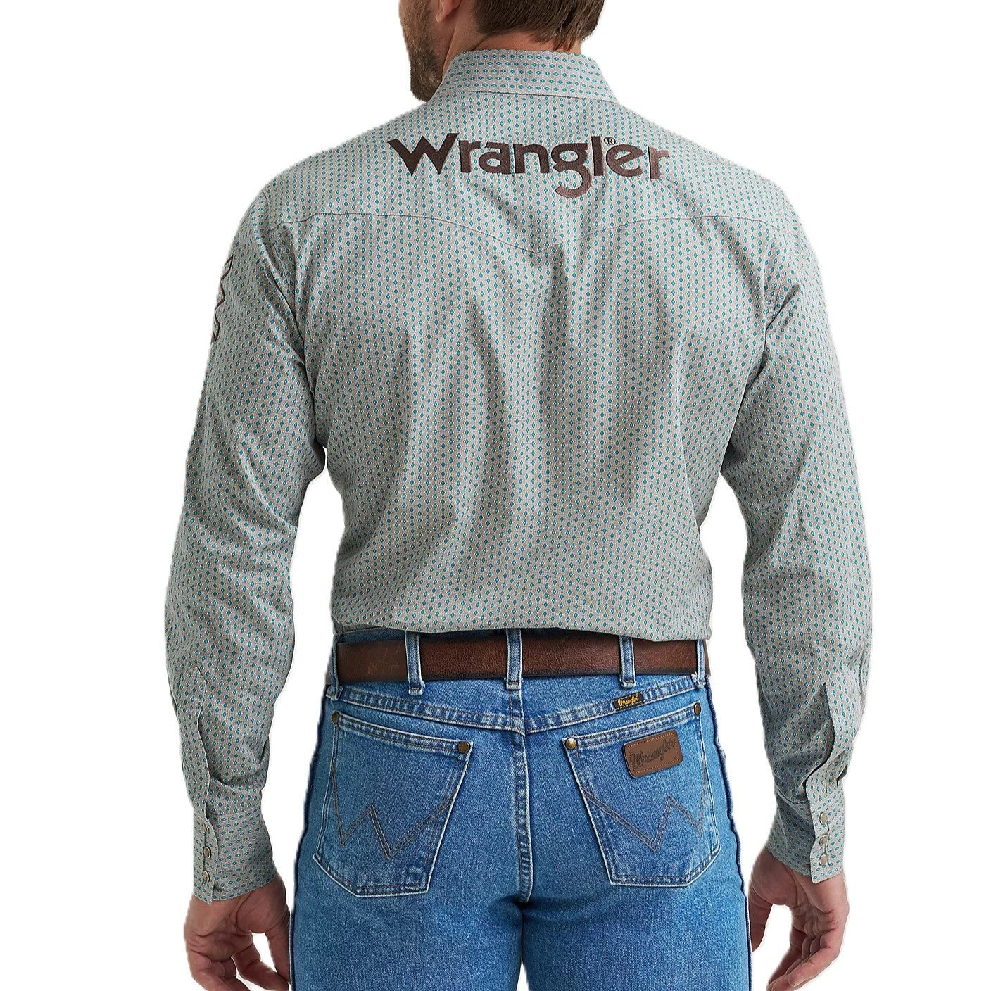Wrangler Men's Logo Blue & Grey Print Snap Shirt 112369449
