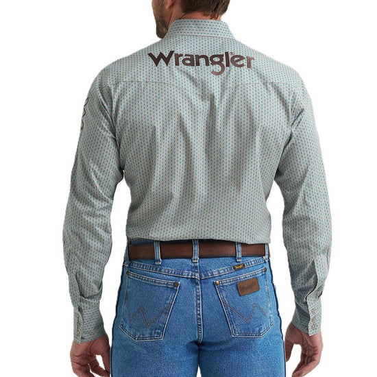 Wrangler Men's Logo Blue & Grey Print Snap Shirt 112369449