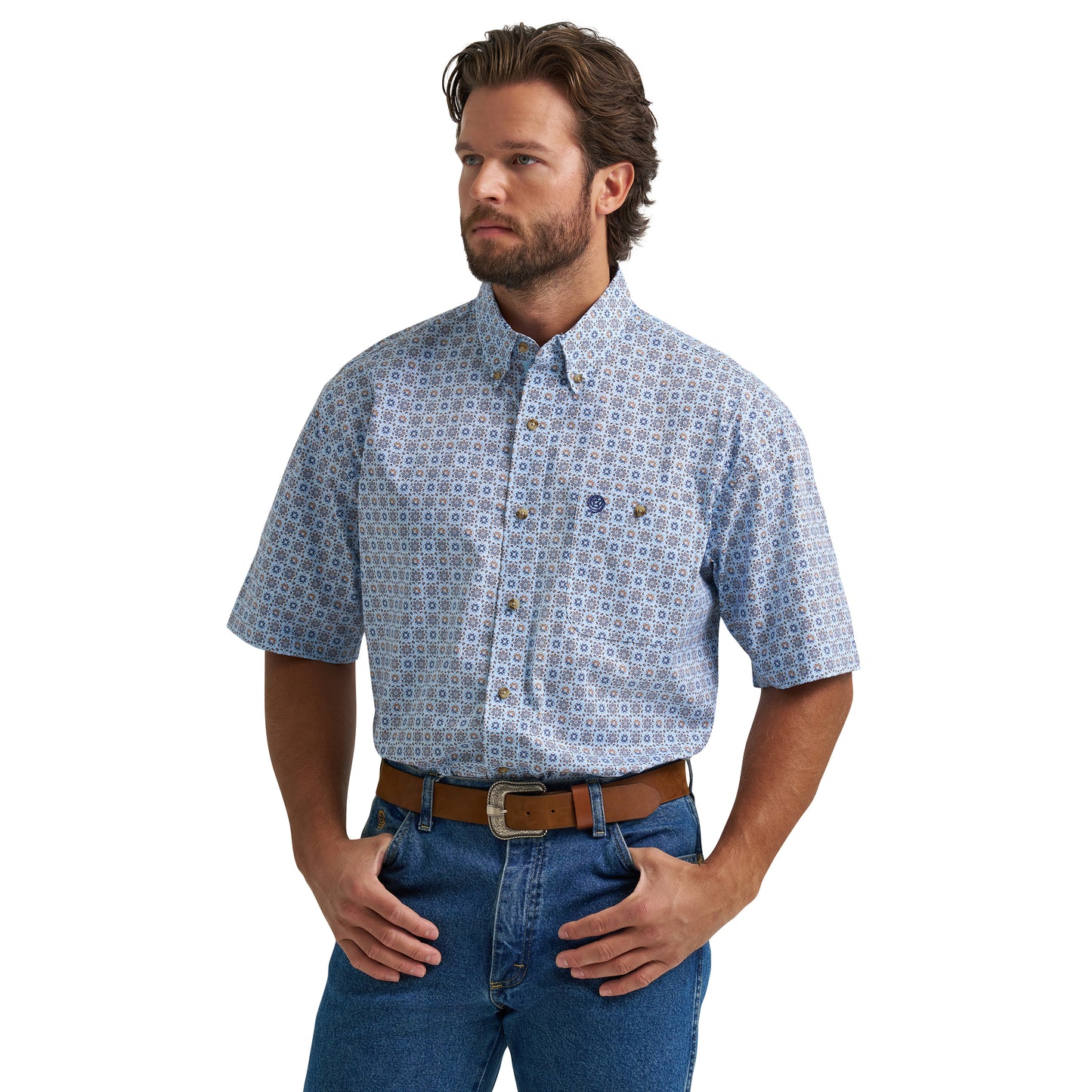 Wrangler Men's George Strait One Pocket Blue Button Shirt 112374581