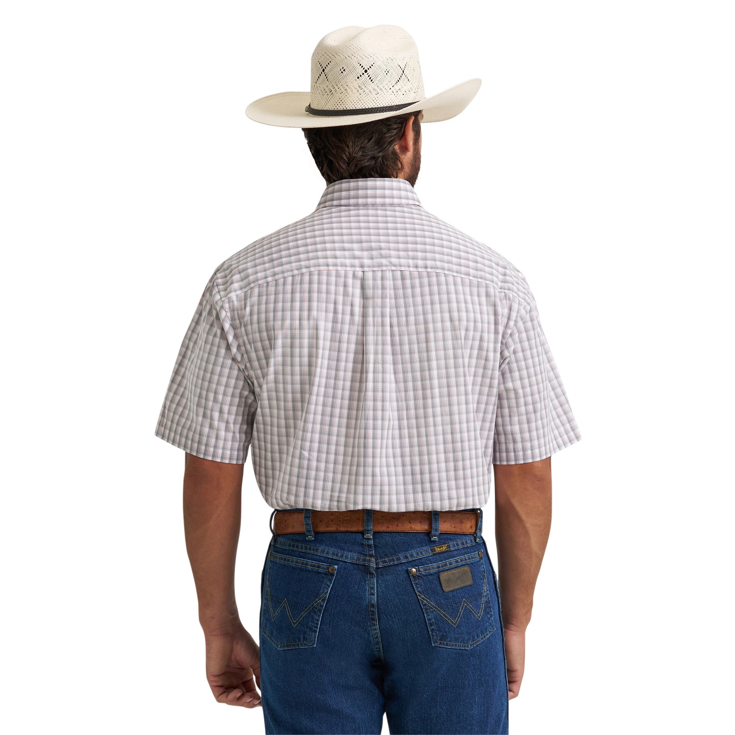 Wrangler Men's George Strait Two Pocket Peach & Grey Plaid Shirt 112374609