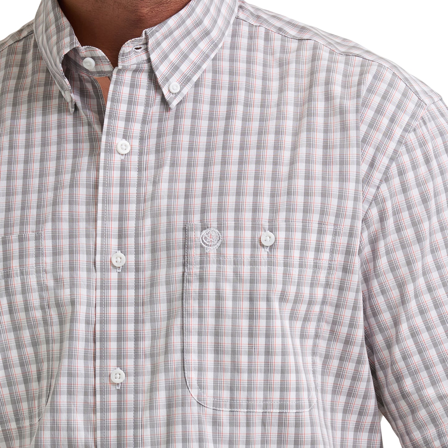 Wrangler Men's George Strait Two Pocket Peach & Grey Plaid Shirt 112374609