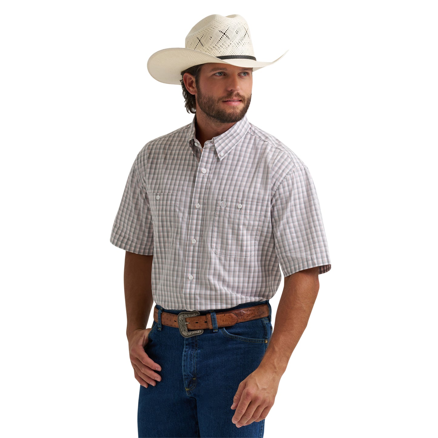 Wrangler Men's George Strait Two Pocket Peach & Grey Plaid Shirt 112374609