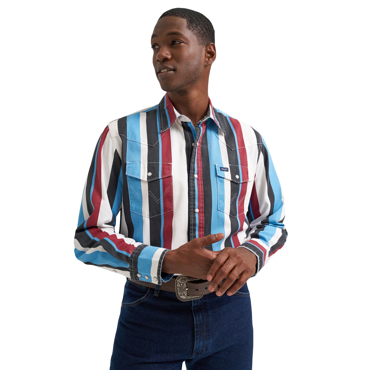 Wrangler Men's Vintage Inspired Blue Multi Print Snap Shirt 112374804