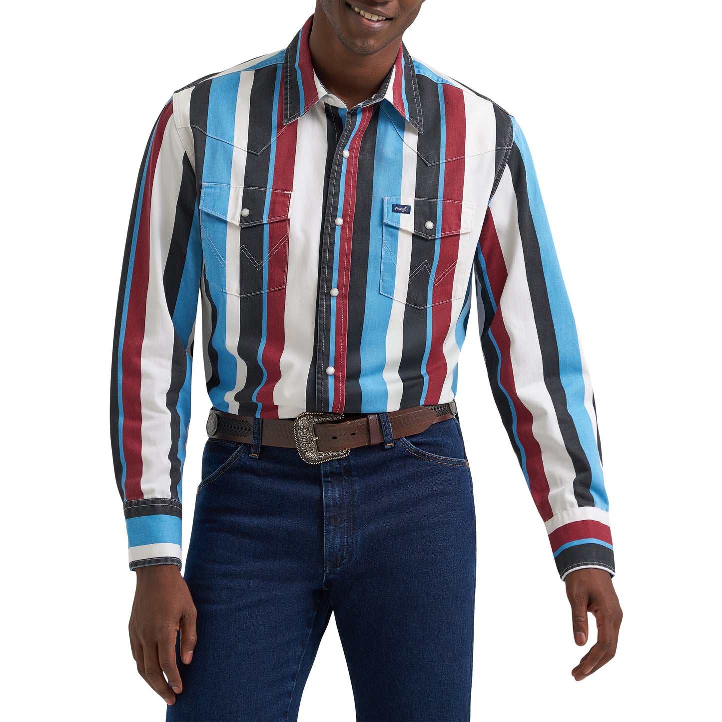 Wrangler Men's Vintage Inspired Blue Multi Print Snap Shirt 112374804