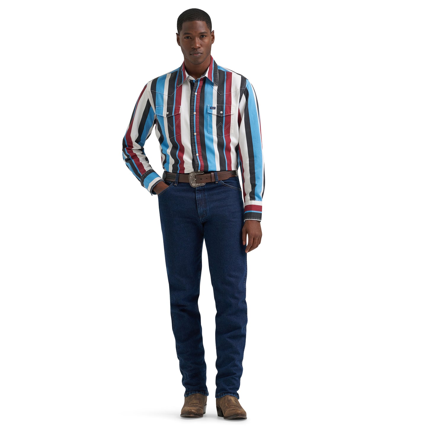 Wrangler Men's Vintage Inspired Blue Multi Print Snap Shirt 112374804