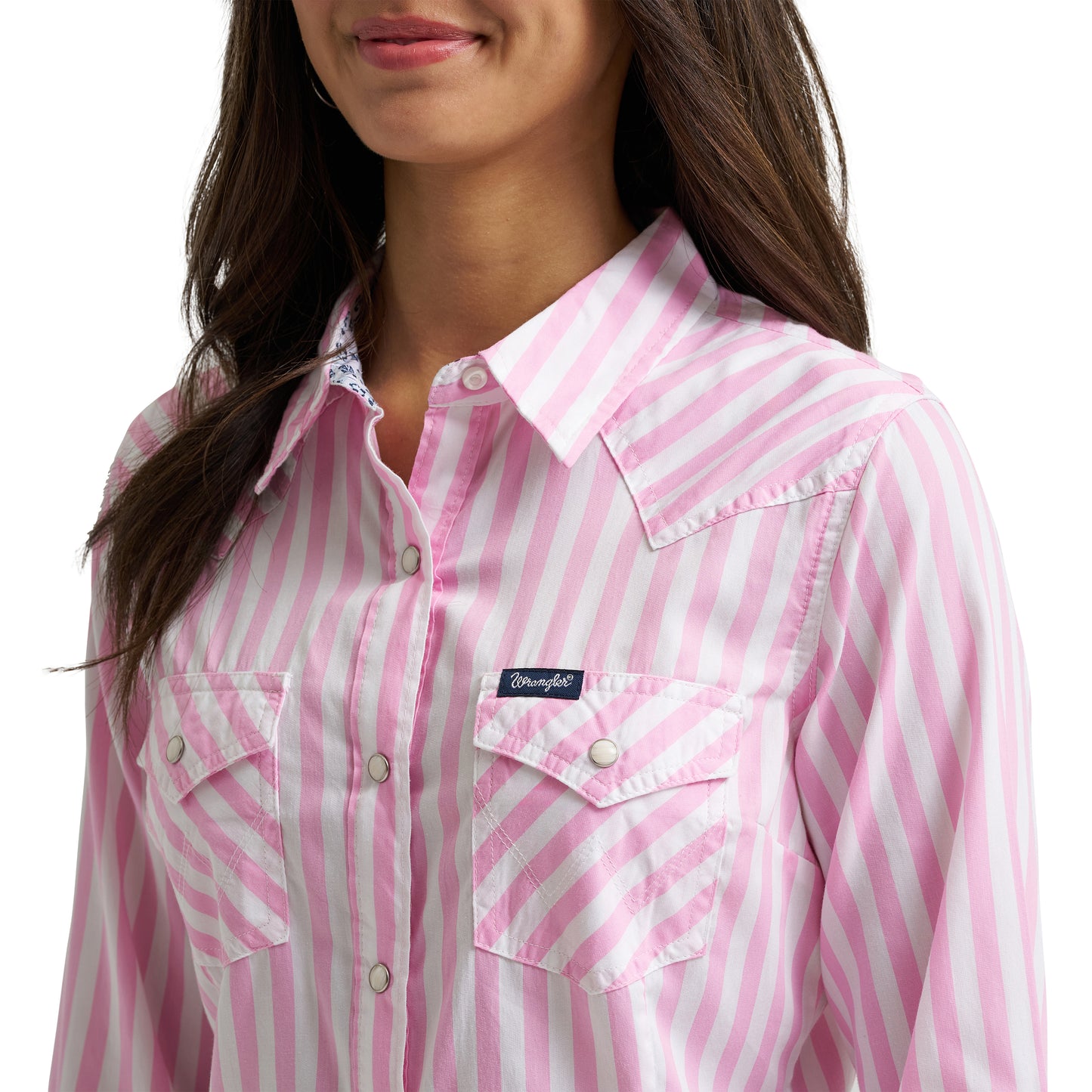 Wrangler Ladies Retro Western Pink Stripe Snap Dress Shirt 112374850