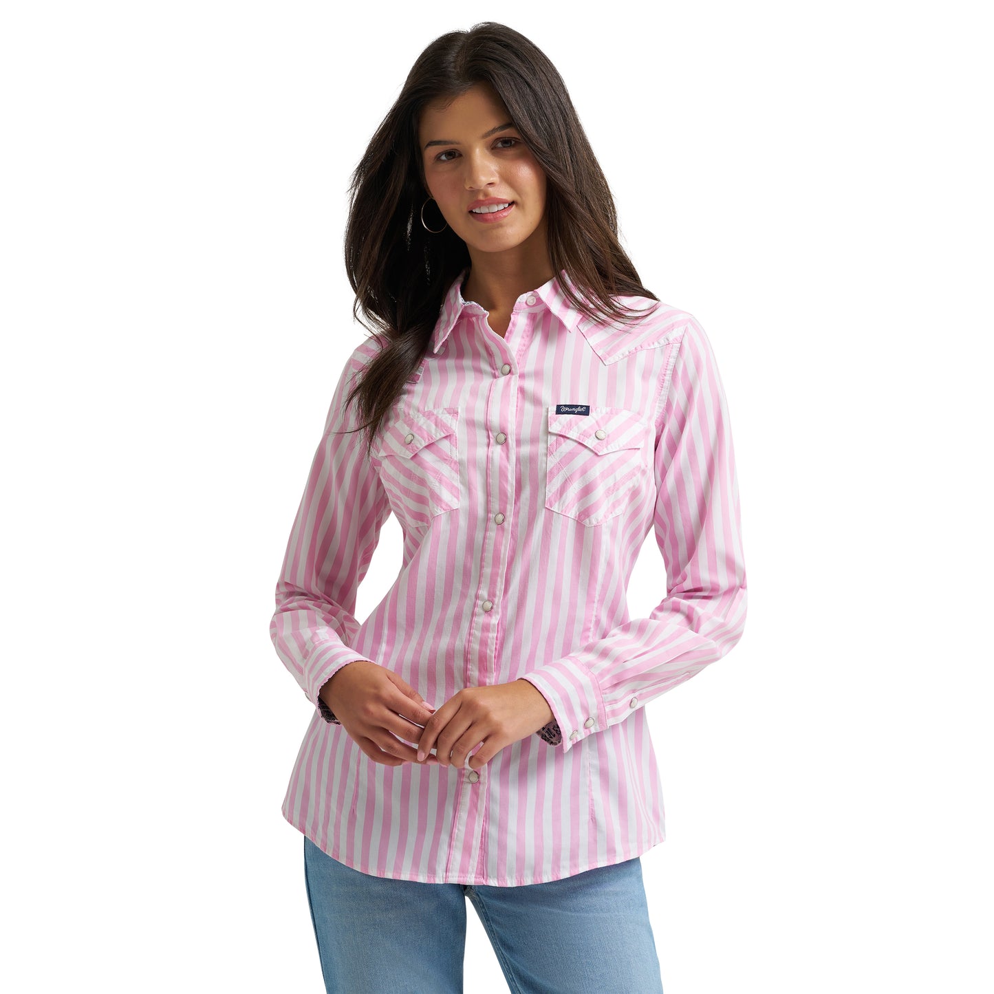 Wrangler Ladies Retro Western Pink Stripe Snap Dress Shirt 112374850