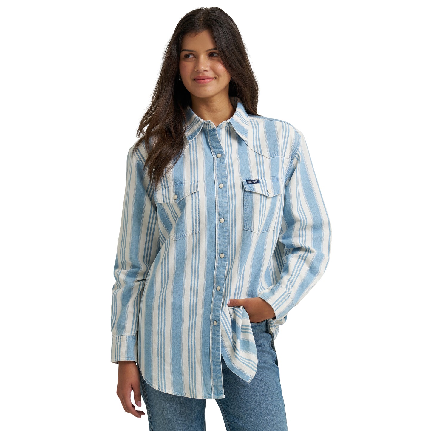 Wrangler Ladies Retro Punchy Boyfriend Blue Denim Snap Shirt 112374906