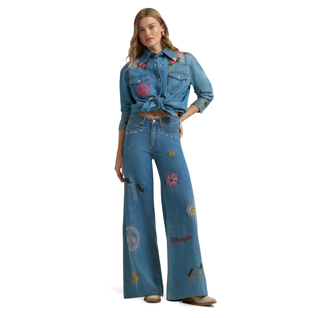Wrangler X Lainey Wilson Ladies Embroidered Wide Leg Denim Pant 112375654