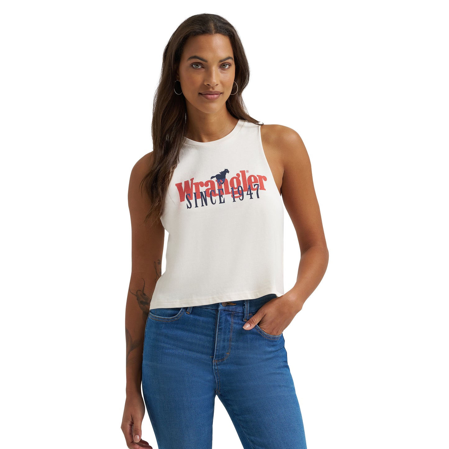 Wrangler Ladies Egret Graphic Logo Festival Crop Tank Top 112375847