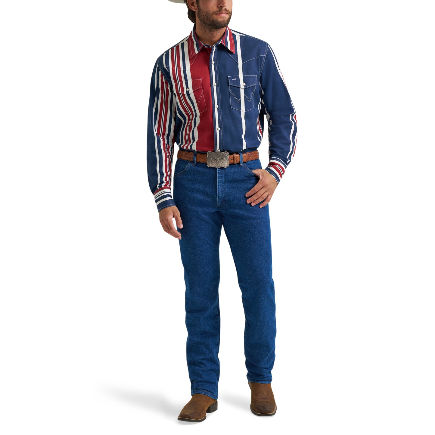 Wrangler Men's Vintage Inspired Blue Multi Stripe Snap Shirt 112375916