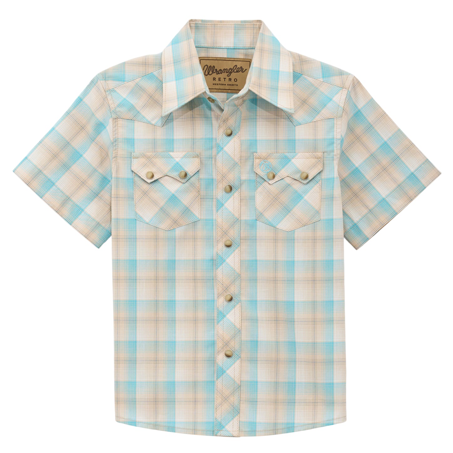 Wrangler Youth Boy's Retro Turquoise & Tan Plaid Western Snap Shirt 112378921