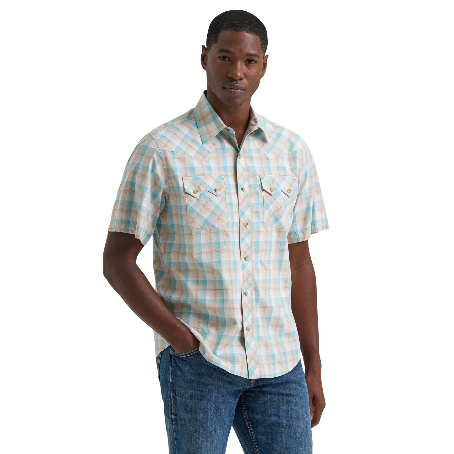 Wrangler Retro® Men's Tan & Turquoise Plaid Modern Fit Snap Shirt 112378930