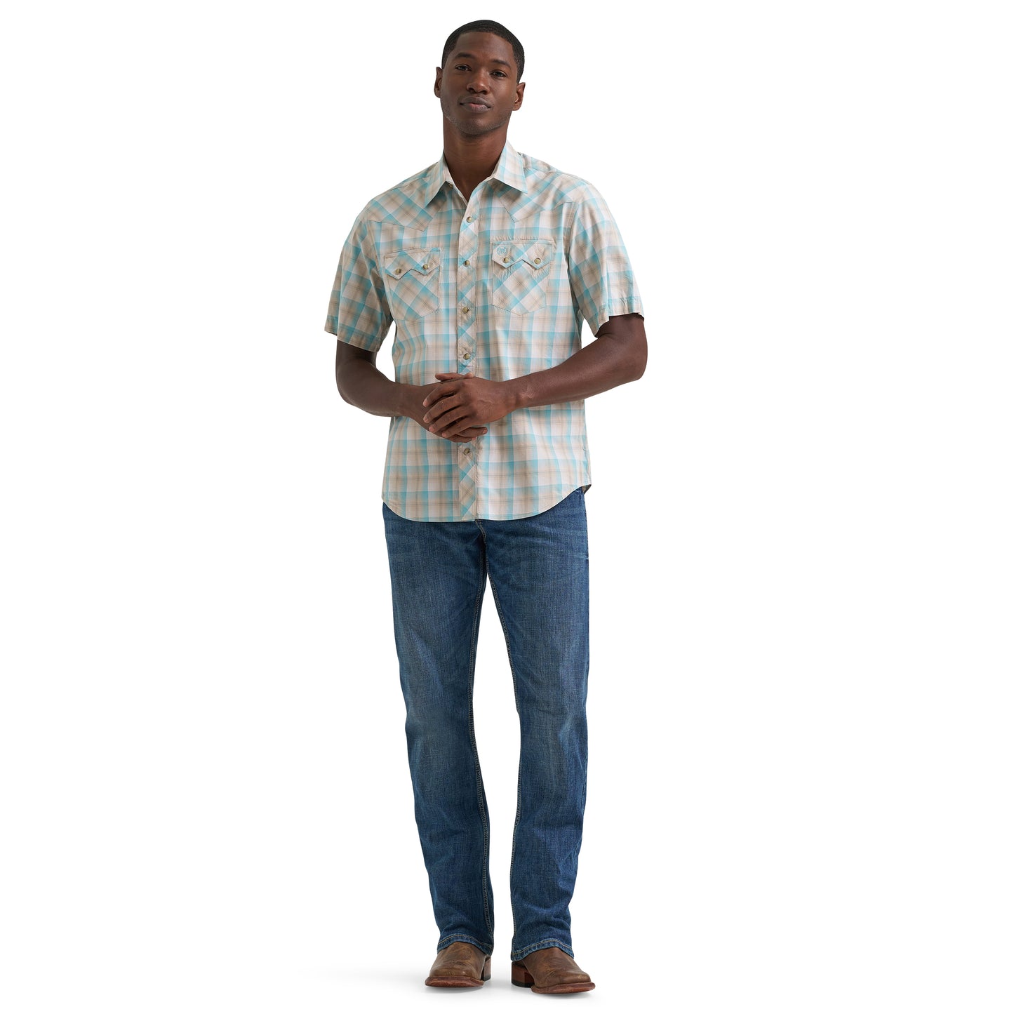 Wrangler Retro® Men's Tan & Turquoise Plaid Modern Fit Snap Shirt 112378930