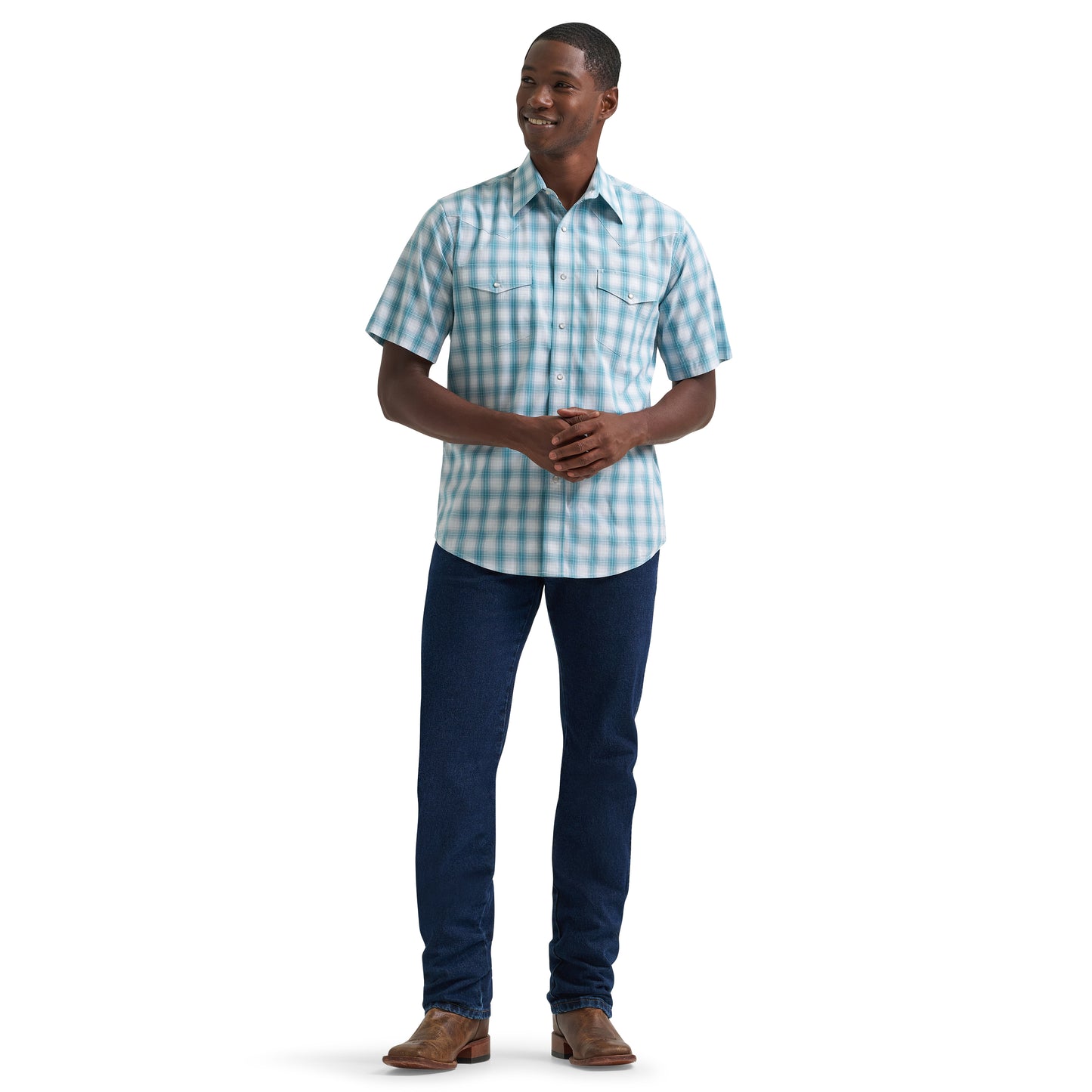 Wrangler Men's Wrinkle Resist Turquoise Plaid Snap Shirt 112379029