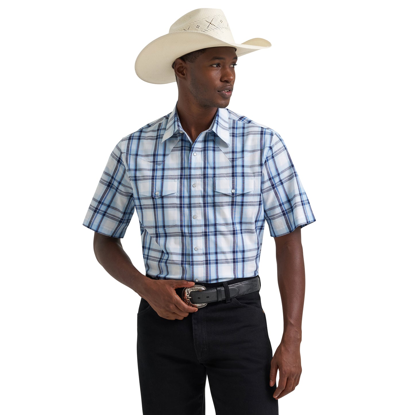 Wrangler Men's Wrinkle Resist Blue Multi Plaid Snap Shirt 112379030