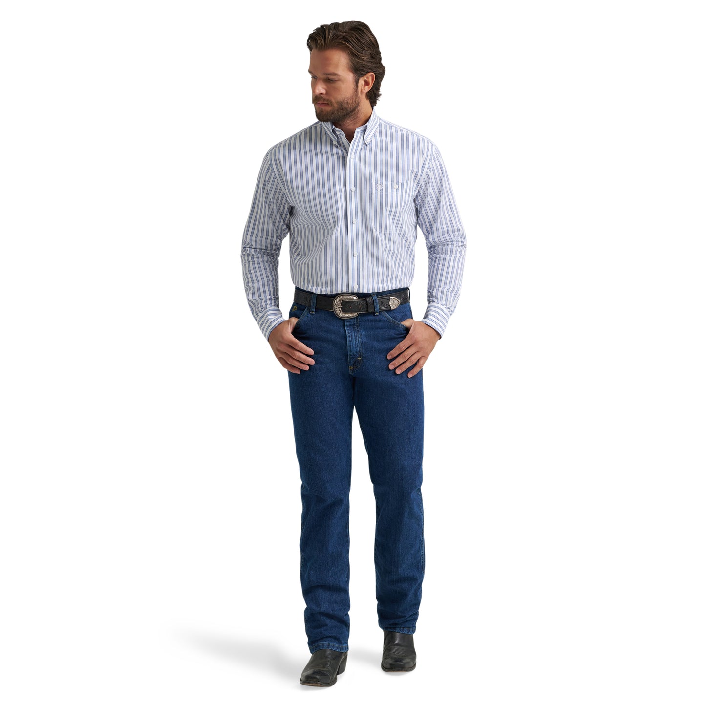 Wrangler X George Strait Men's Button Down Blue & White Striped Shirt 112379063