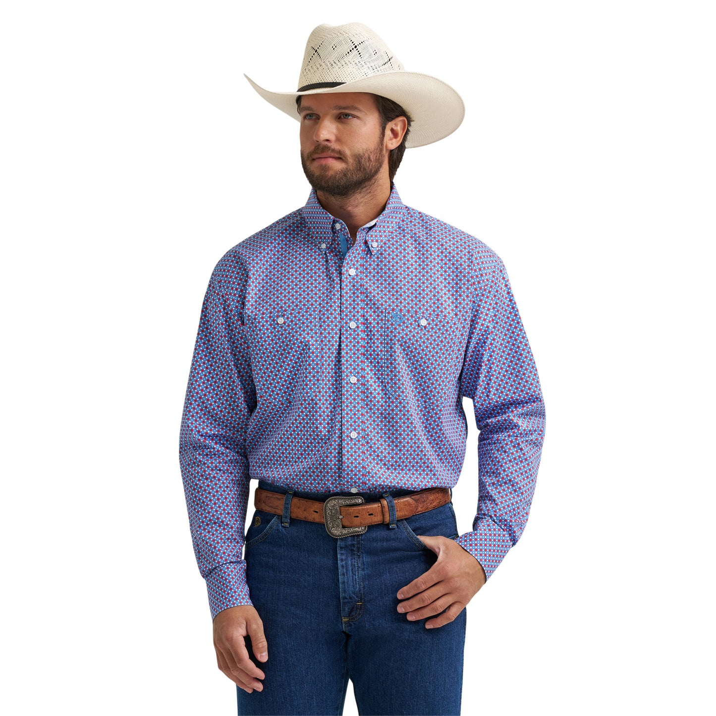 Wrangler X George Strait Men's Blue & Red Western Shirt 112379064