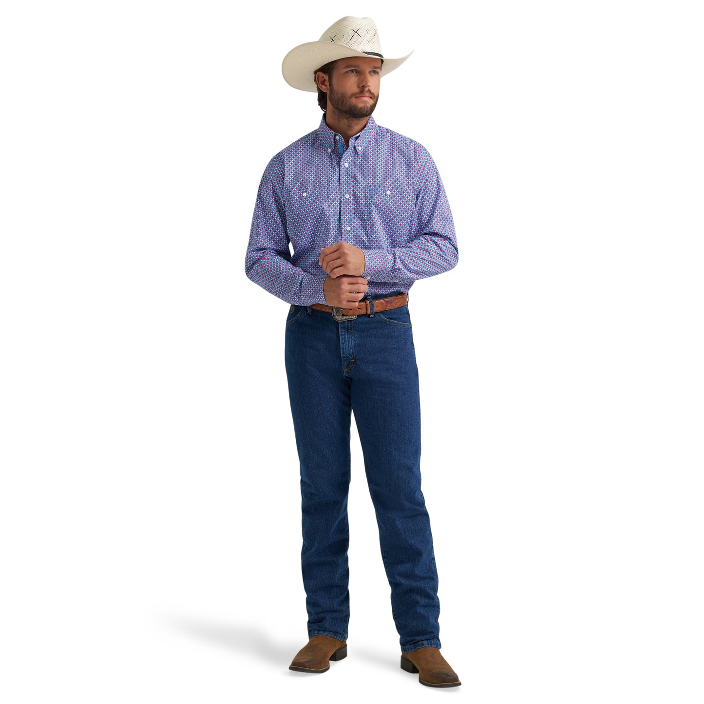 Wrangler X George Strait Men's Blue & Red Western Shirt 112379064