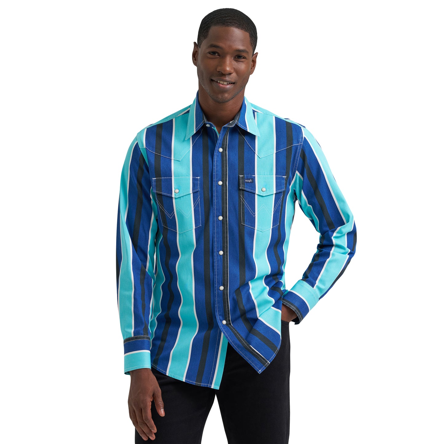 Wrangler Men's Vintage Inspired Blue Multi Stripe Snap Shirt 112379229