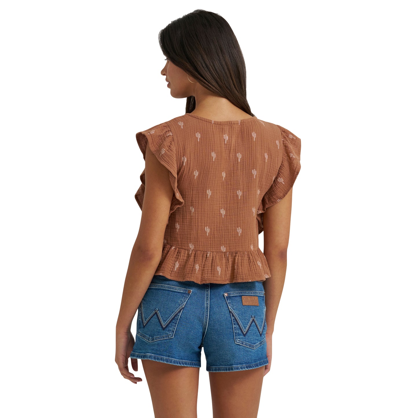 Wrangler Ladies Retro Vintage Flutter Sleeve Brown Blouse 112380602