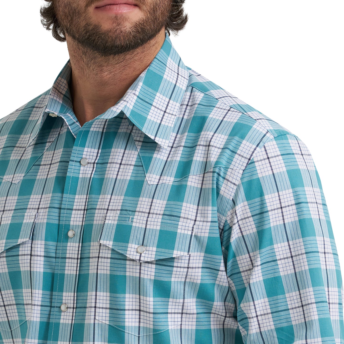 Wrangler Men's Wrinkle Resist Teal Plaid Snap Shirt 112381652