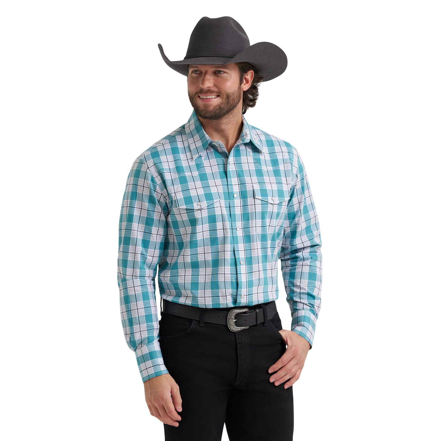 Wrangler Men's Wrinkle Resist Teal Plaid Snap Shirt 112381652