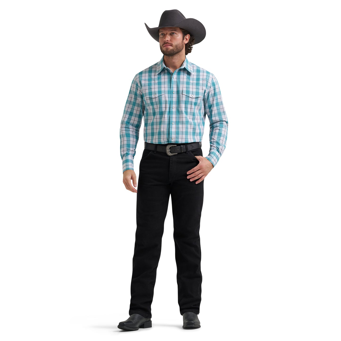 Wrangler Men's Wrinkle Resist Teal Plaid Snap Shirt 112381652