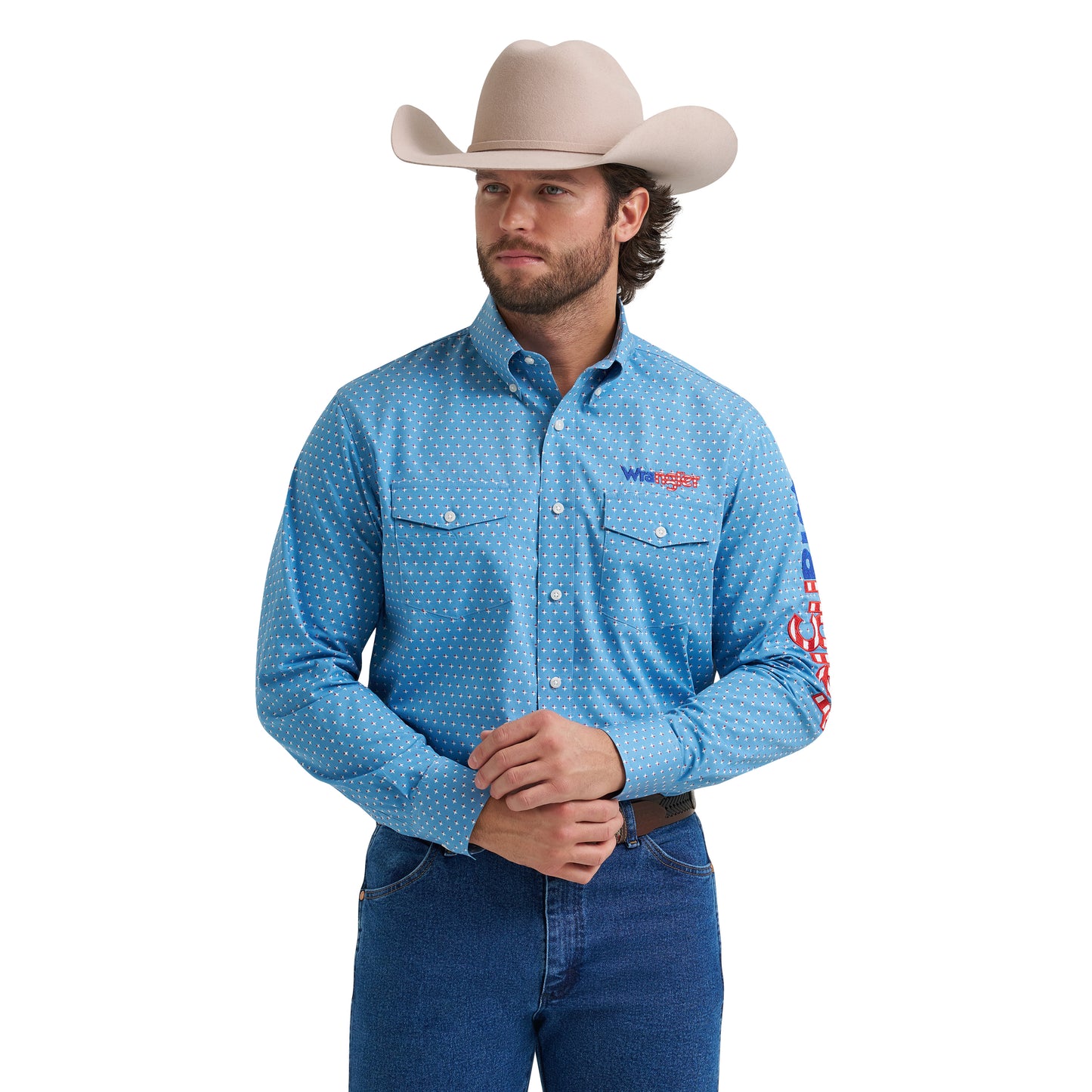 Wrangler Men's Logo Blue Button Down Shirt 112381985
