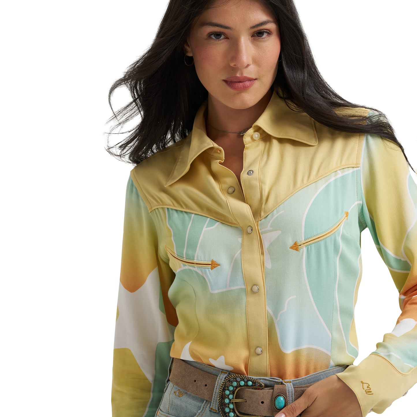 Wrangler X Lainey Wilson Ladies Butter Yellow Multicolor Snap Shirt 112382833